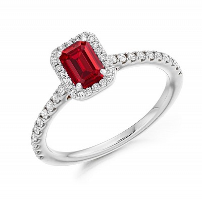 White Gold Ruby & Diamond Emerald & Round Brilliant Cut Cluster Ring