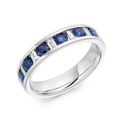 Round Brilliant Sapphire & Baguette Cut Diamond Half Eternity Ring