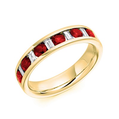 Round Brilliant Ruby & Baguette Cut Diamond Half Eternity Ring